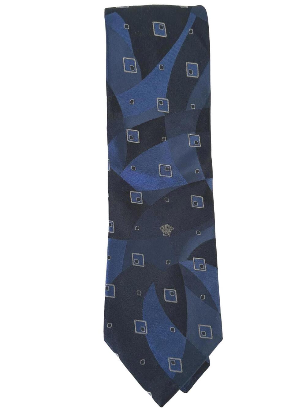 Versace Memorabilia Silk Tie with Geometric Pattern Elegant Dark Blue Design EUC